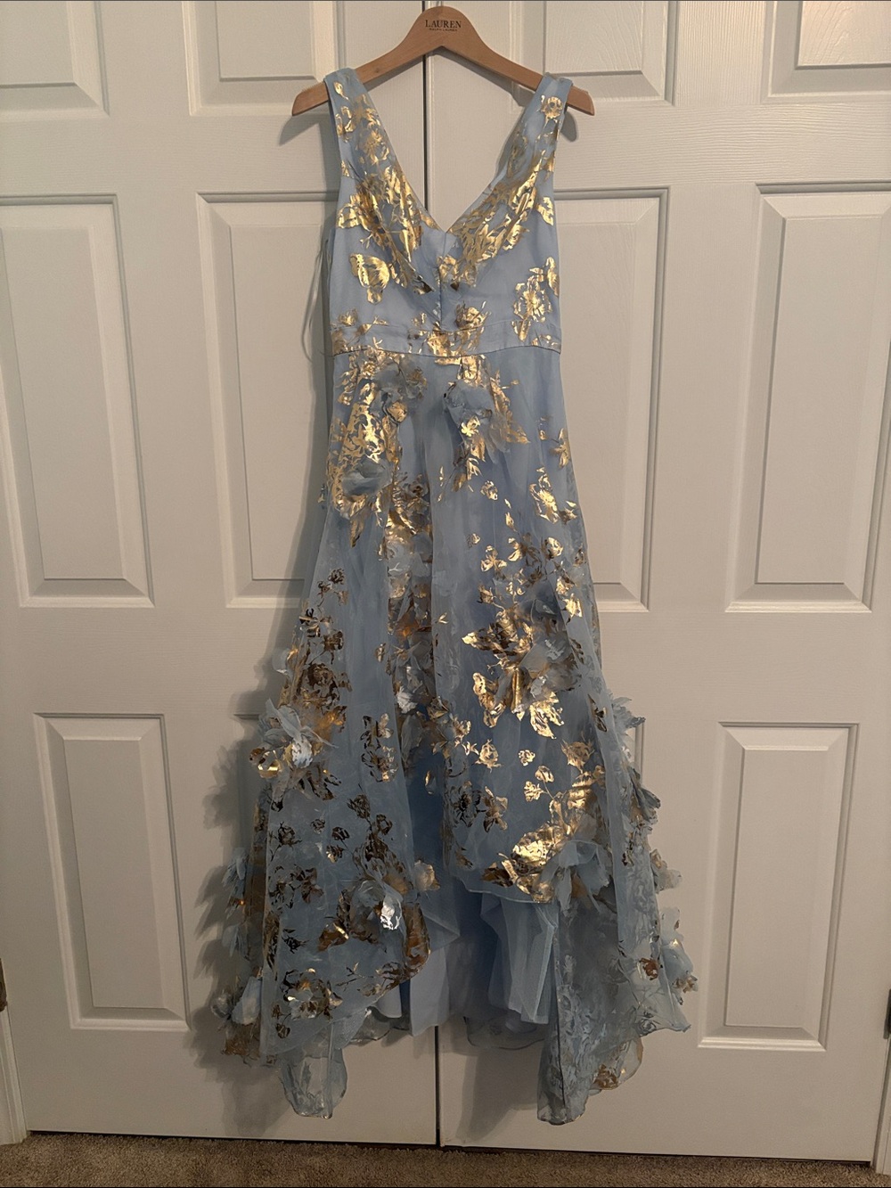 Marchesa Notte Powder Blue High-Low Tulle Gown with Gold Floral Foil. New w/Tags